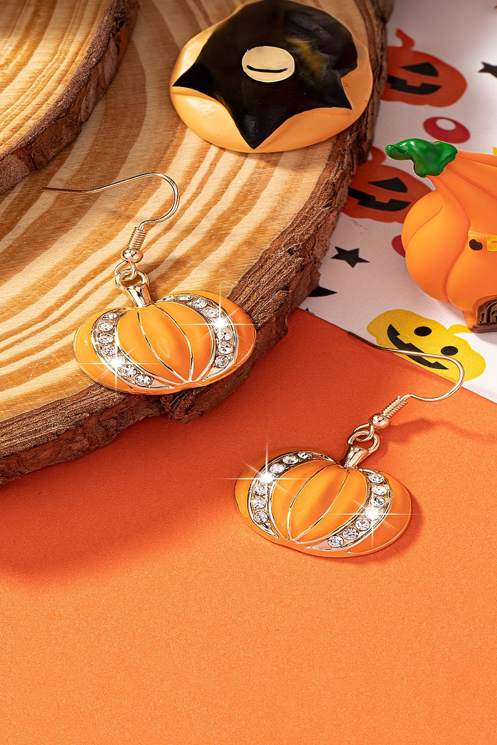 Starlight Pumpkin Orange Halloween Rhinestone Hook Earrings