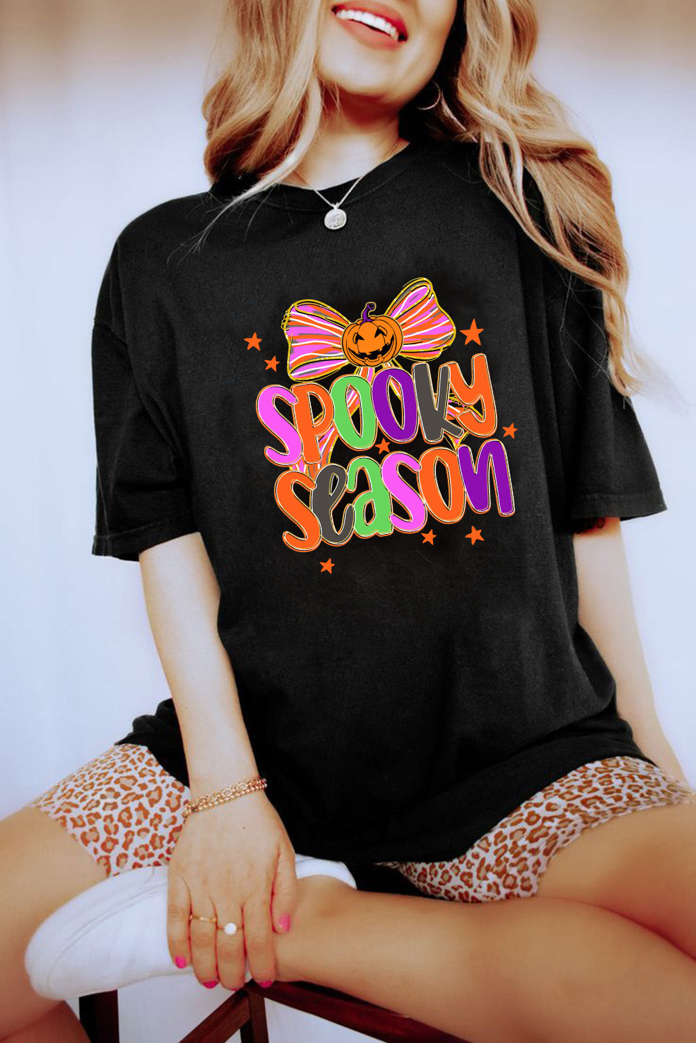 "SPOOKY SEASON" Halloween Pumpkin Bow Print T Shirt