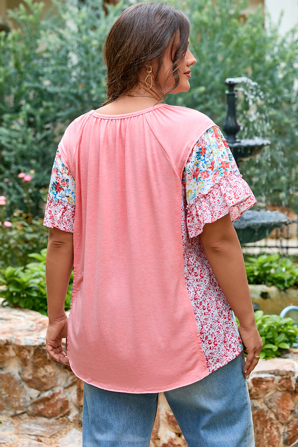 Moonlit Meadow Pink Floral Patchwork Ruffled Short Sleeve Blouse