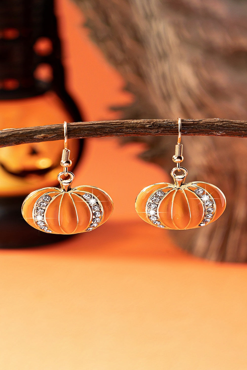 Starlight Pumpkin Orange Halloween Rhinestone Hook Earrings