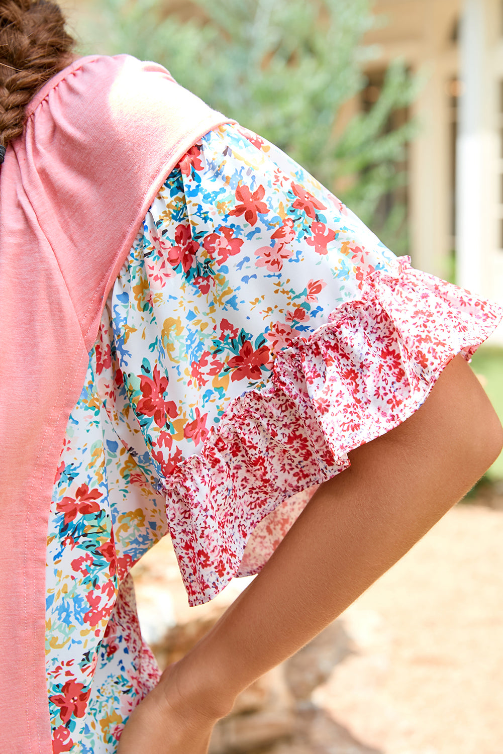Moonlit Meadow Pink Floral Patchwork Ruffled Short Sleeve Blouse