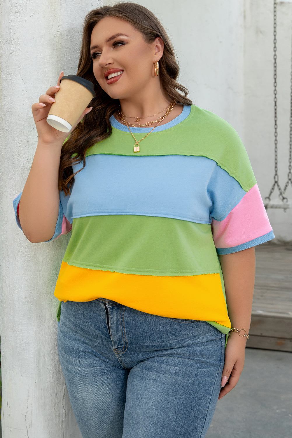 Light Blue Color Block Exposed Seam Plus Size T Shirt