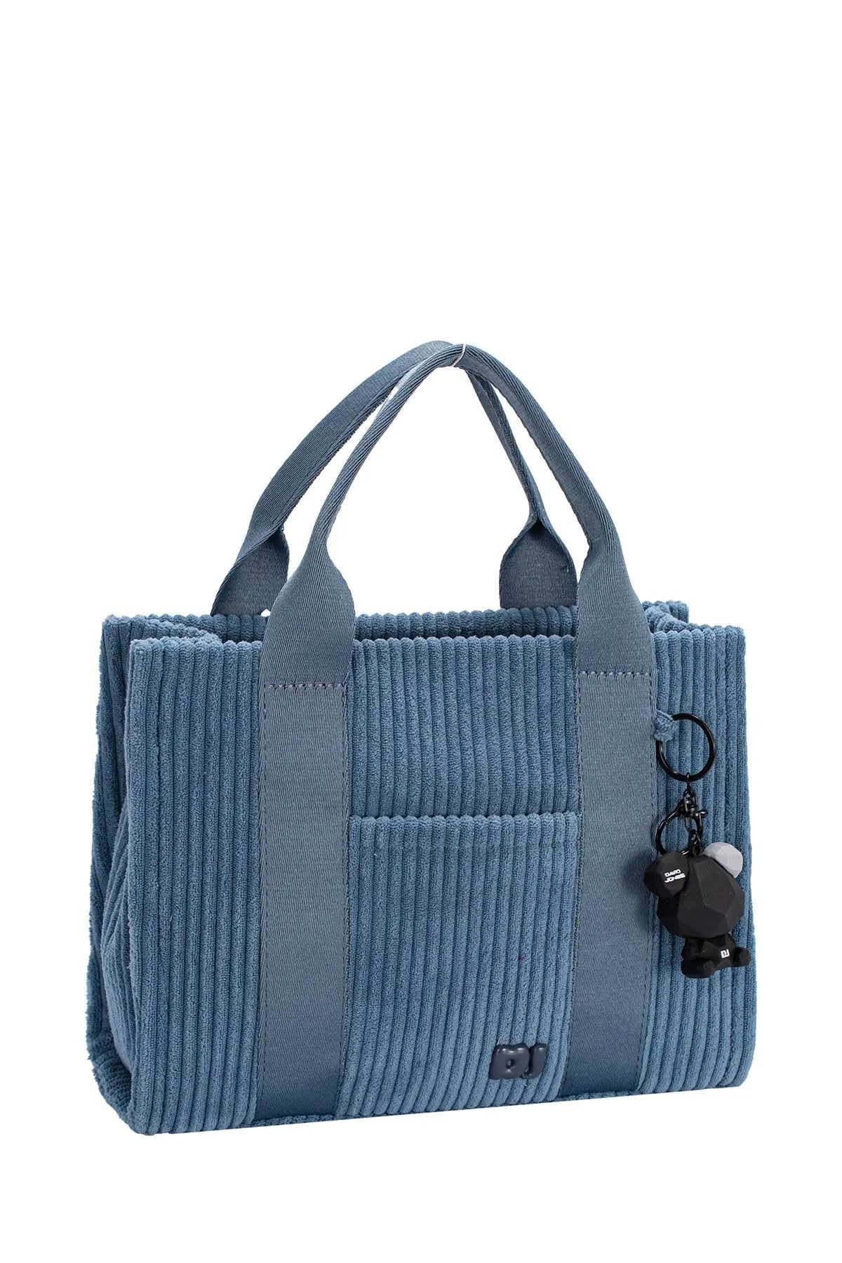 Blue textured handbag with a keychain on a white background