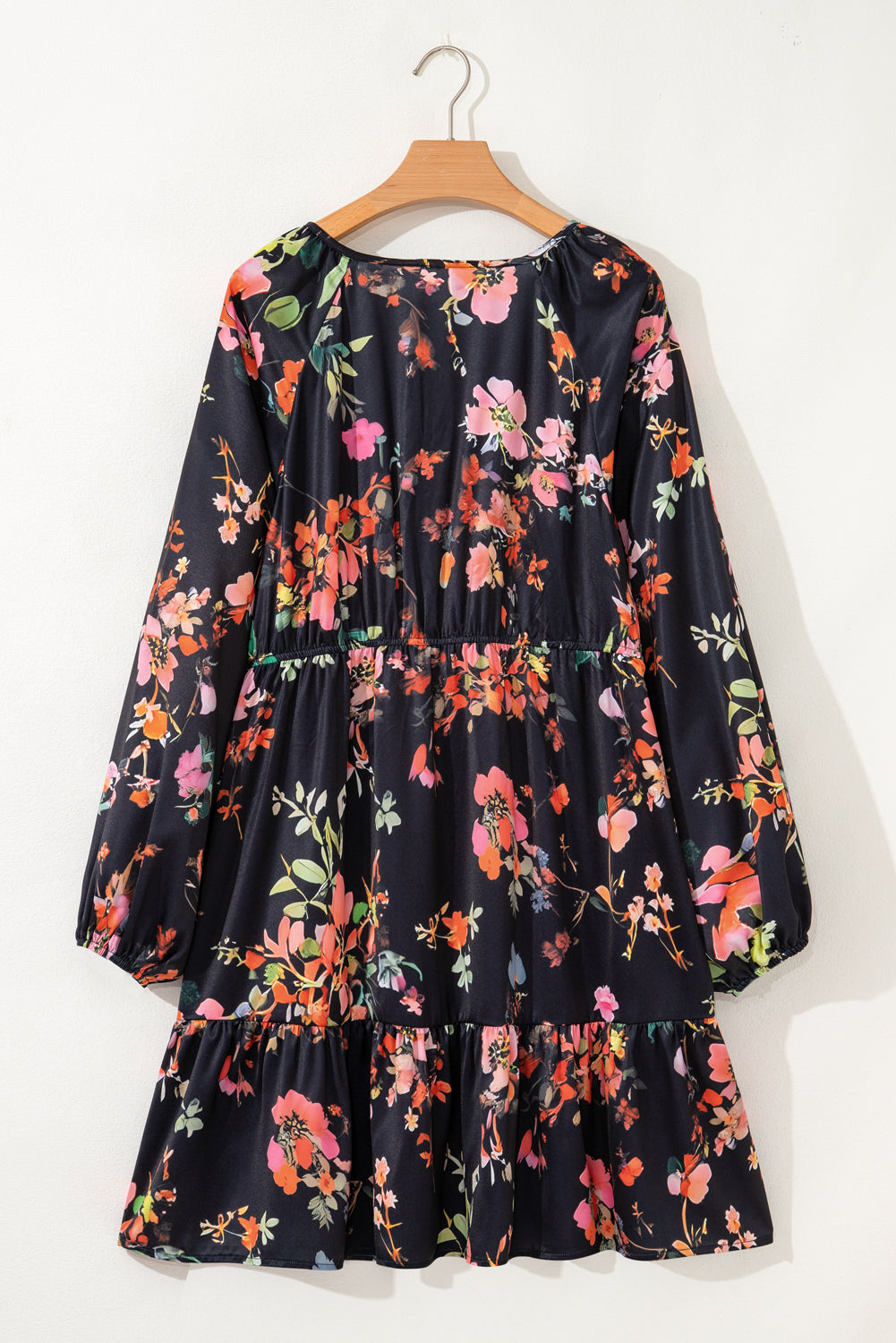 Boho Nova Black Plus Size Floral Print Tie Neck Mini Dress