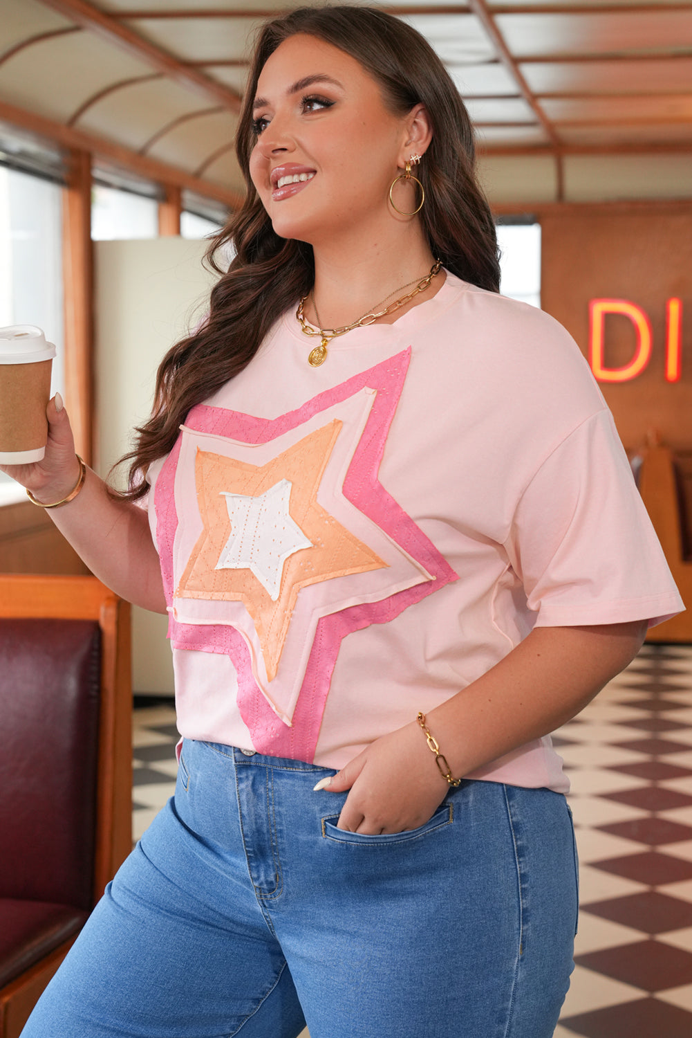 Light Pink Eyelet Lace Star Applique Plus Size Tee
