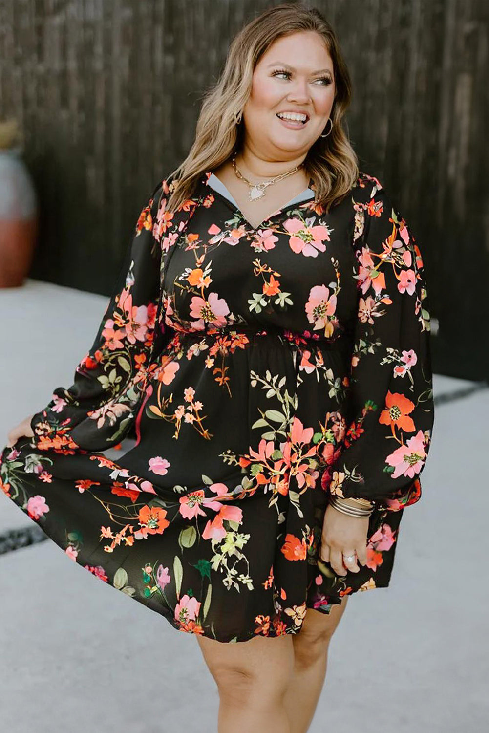 Boho Nova Black Plus Size Floral Print Tie Neck Mini Dress
