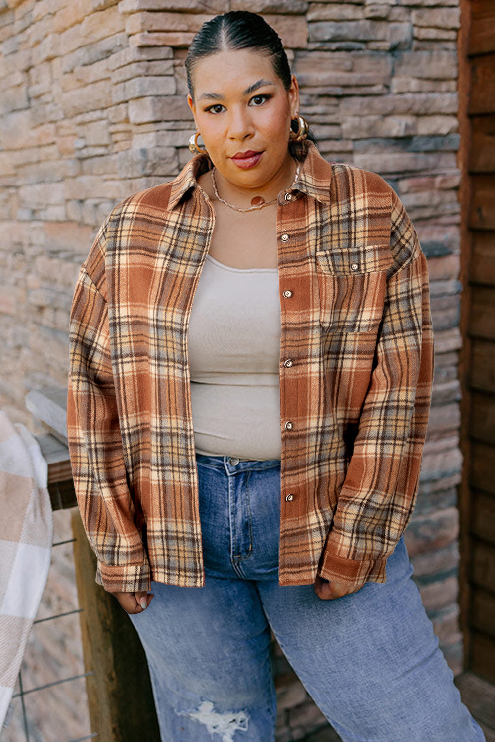 Cosmic Check In Brown Plaid Print Button down Plus Size Shirt