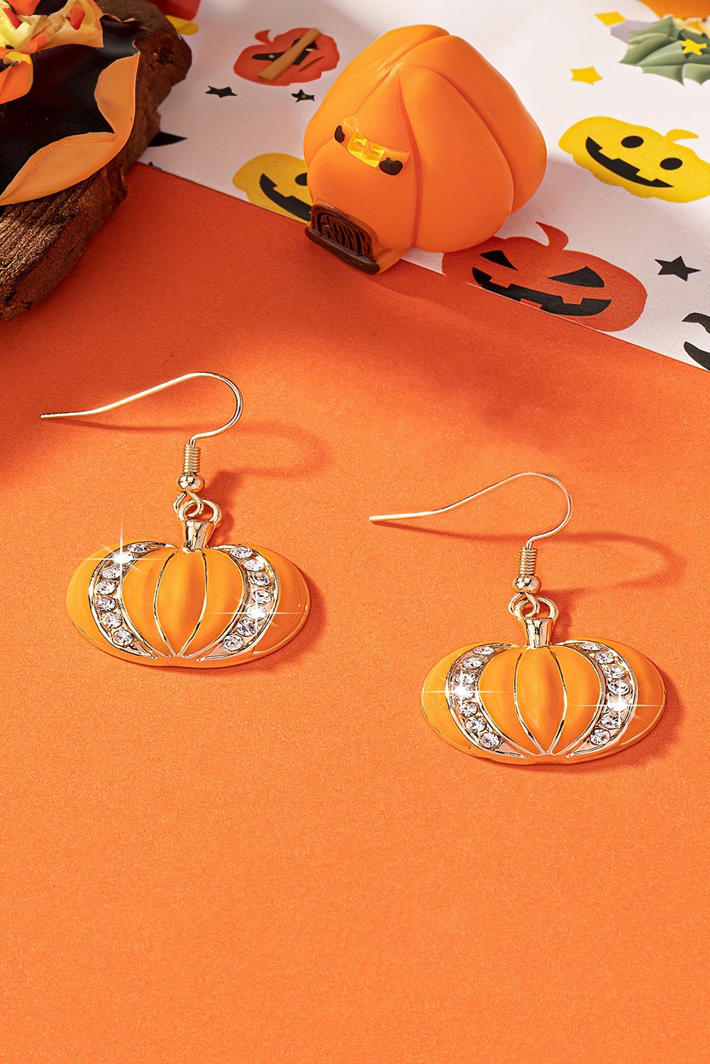 Starlight Pumpkin Orange Halloween Rhinestone Hook Earrings