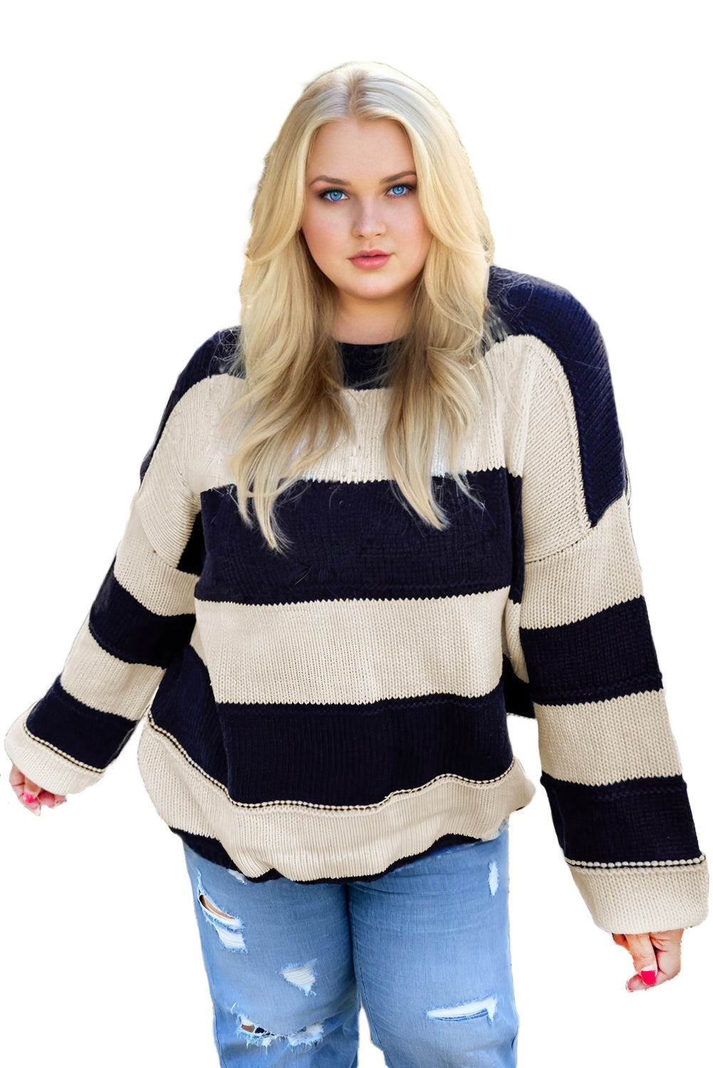 Starstruck Stripes Navy Plus Size Drop Shoulder Sweater