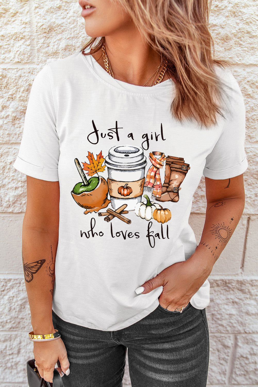 JUST A GIRL..Fall Vibe Graphic White Crew Neck T Shirt