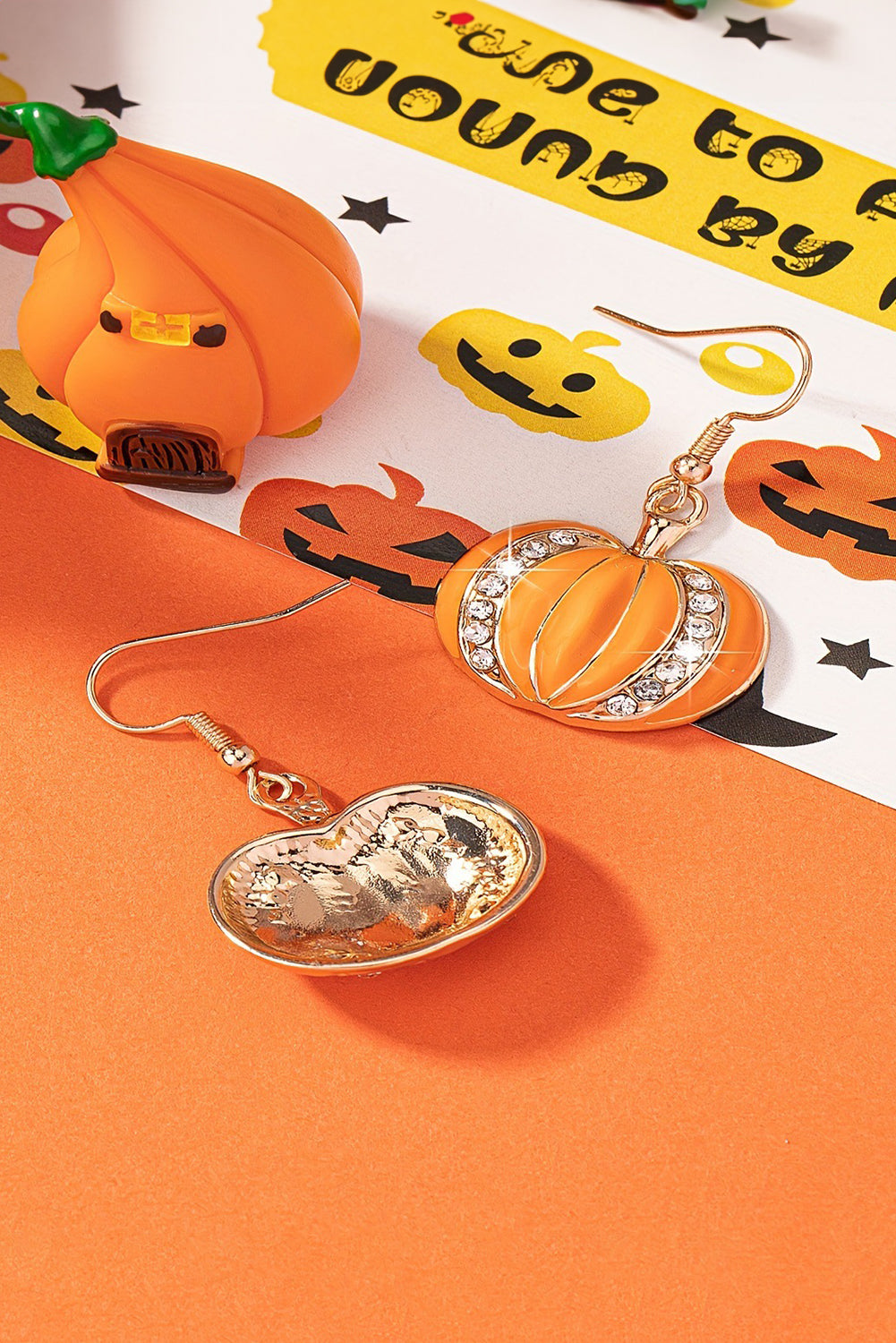 Starlight Pumpkin Orange Halloween Rhinestone Hook Earrings