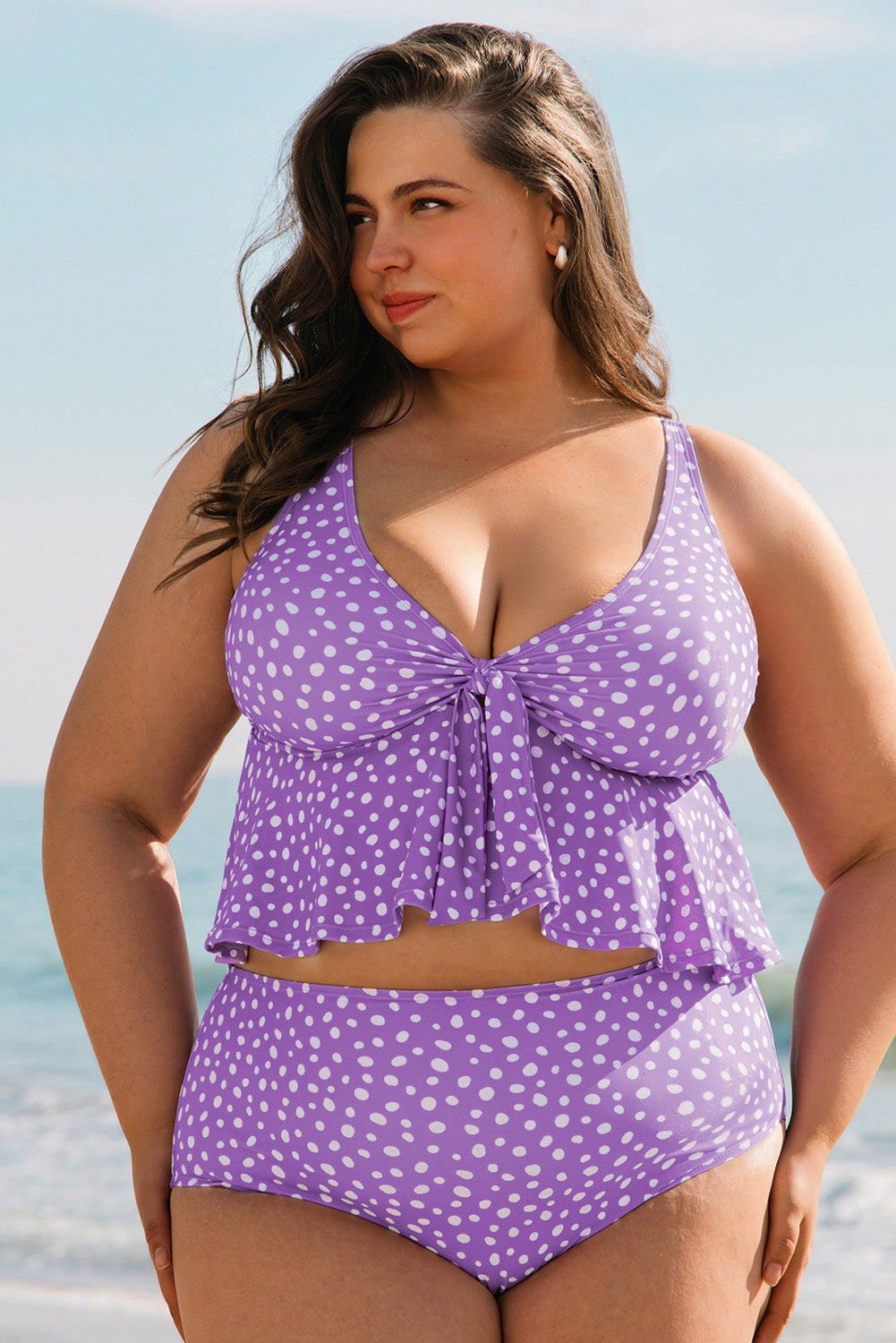 Purple Plus Size Polka Dot Print Peplem Knotted V Neck Tankini Set