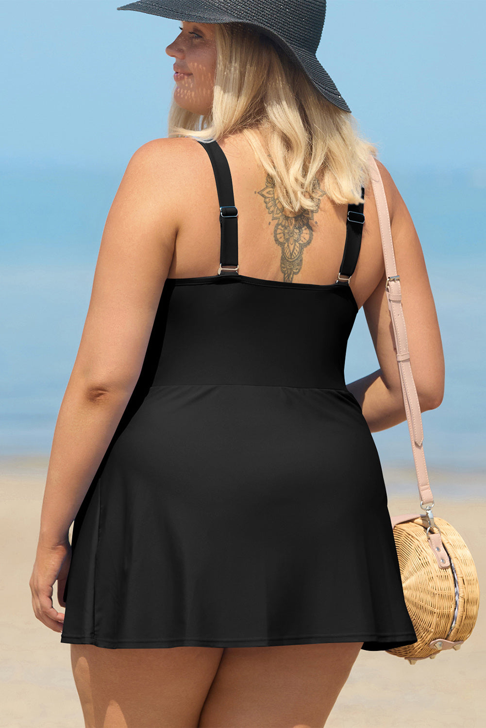 Black Solid Color Square Neck Knotted Plus Size One Piece Swim dress