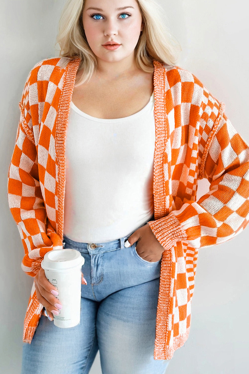 Nebula Checkmate Plus Size Drop Shoulder Knit Cardigan