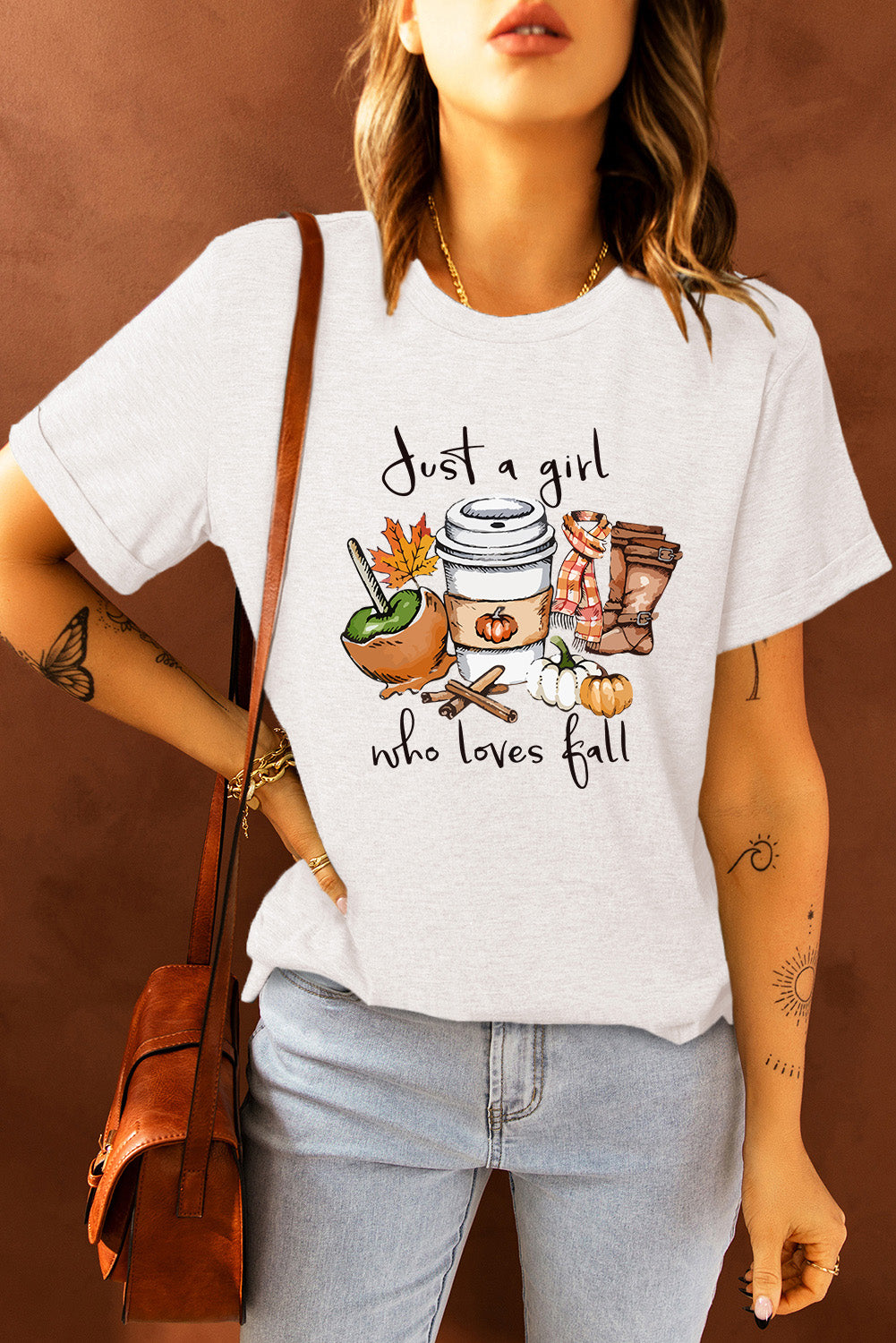 JUST A GIRL..Fall Vibe Graphic White Crew Neck T Shirt