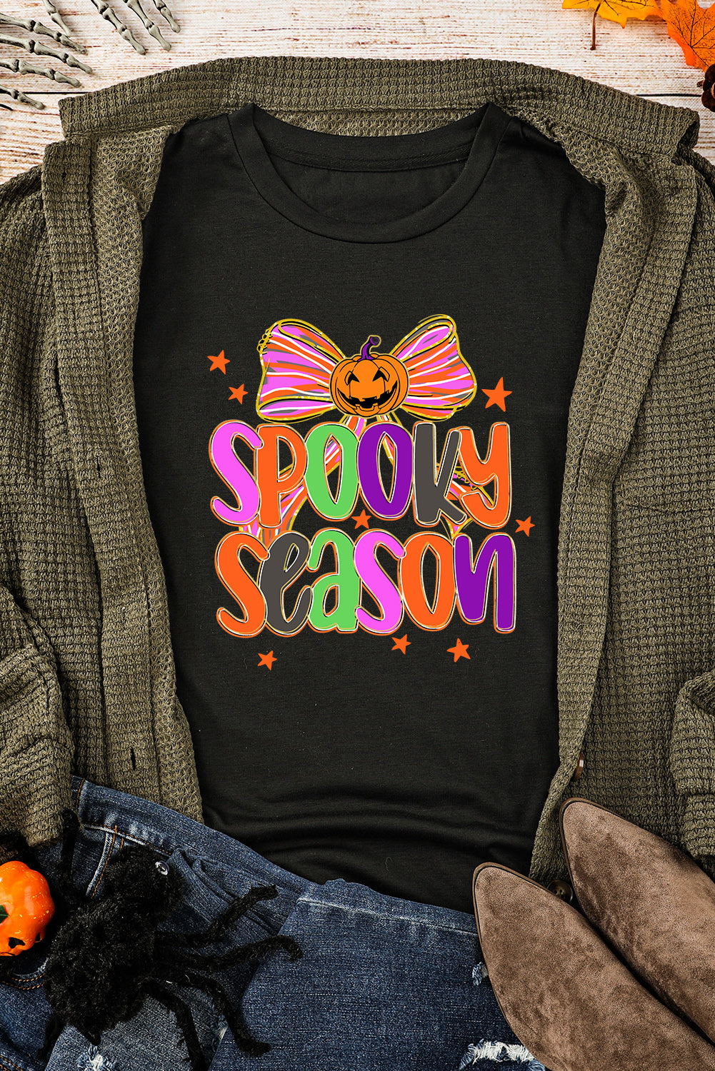 "SPOOKY SEASON" Halloween Pumpkin Bow Print T Shirt