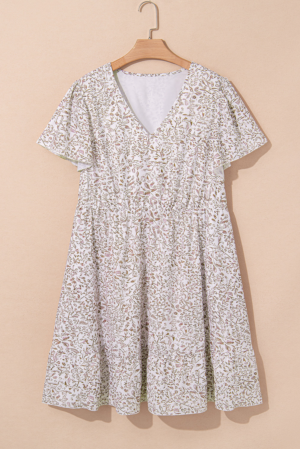 Starlit Bloom Light Cream V Neck Ruffled Short Sleeve Plus Size Dress