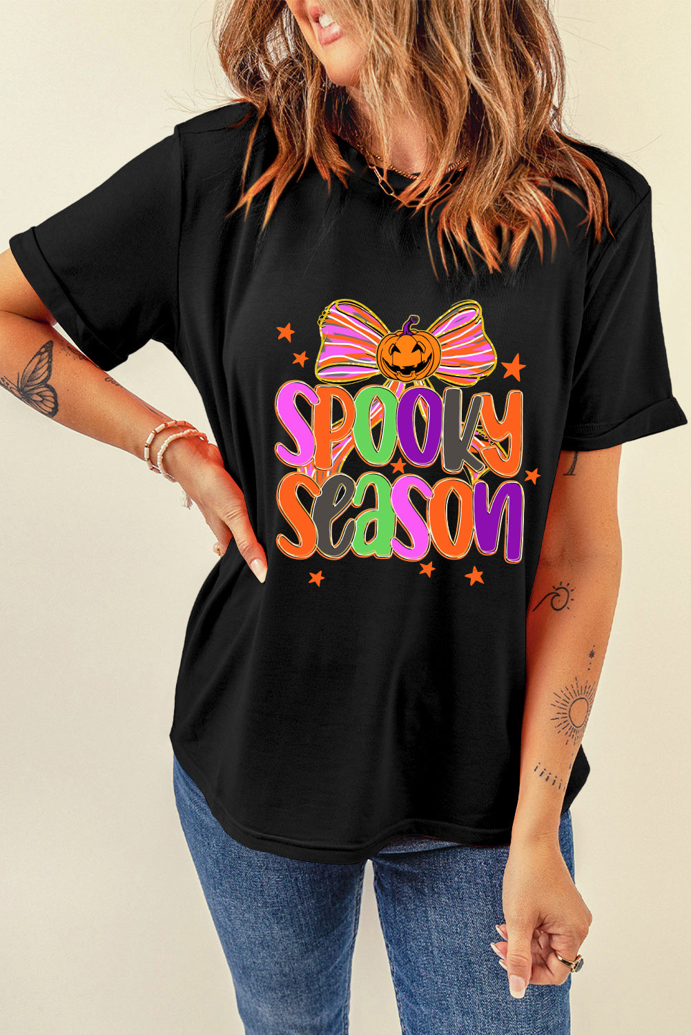 "SPOOKY SEASON" Halloween Pumpkin Bow Print T Shirt