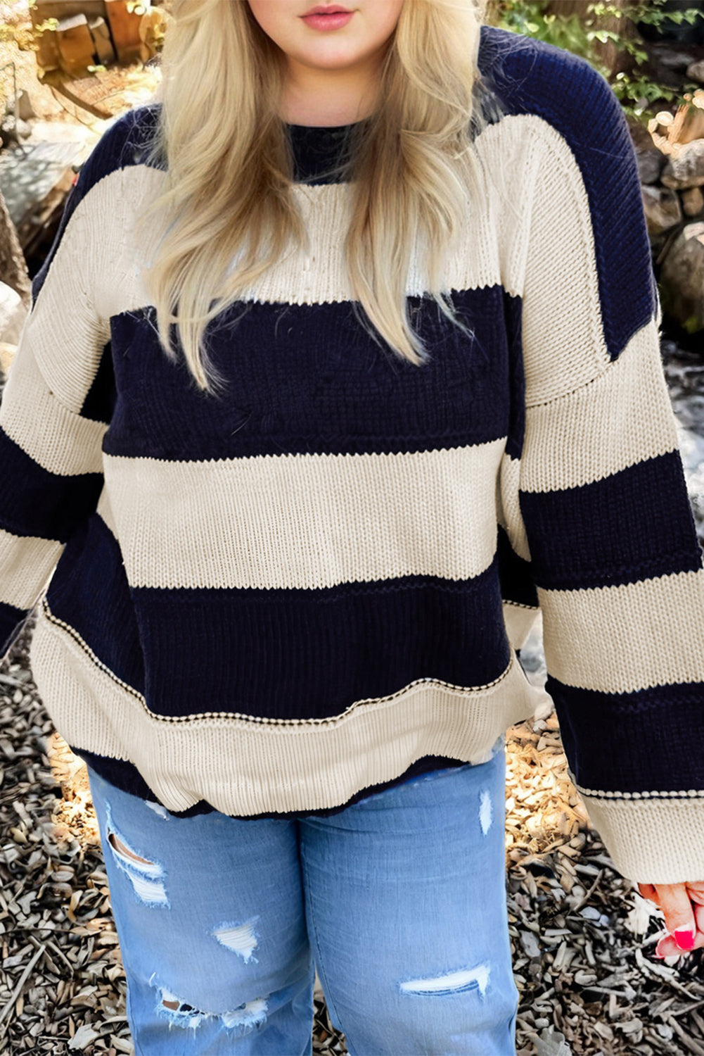 Starstruck Stripes Navy Plus Size Drop Shoulder Sweater