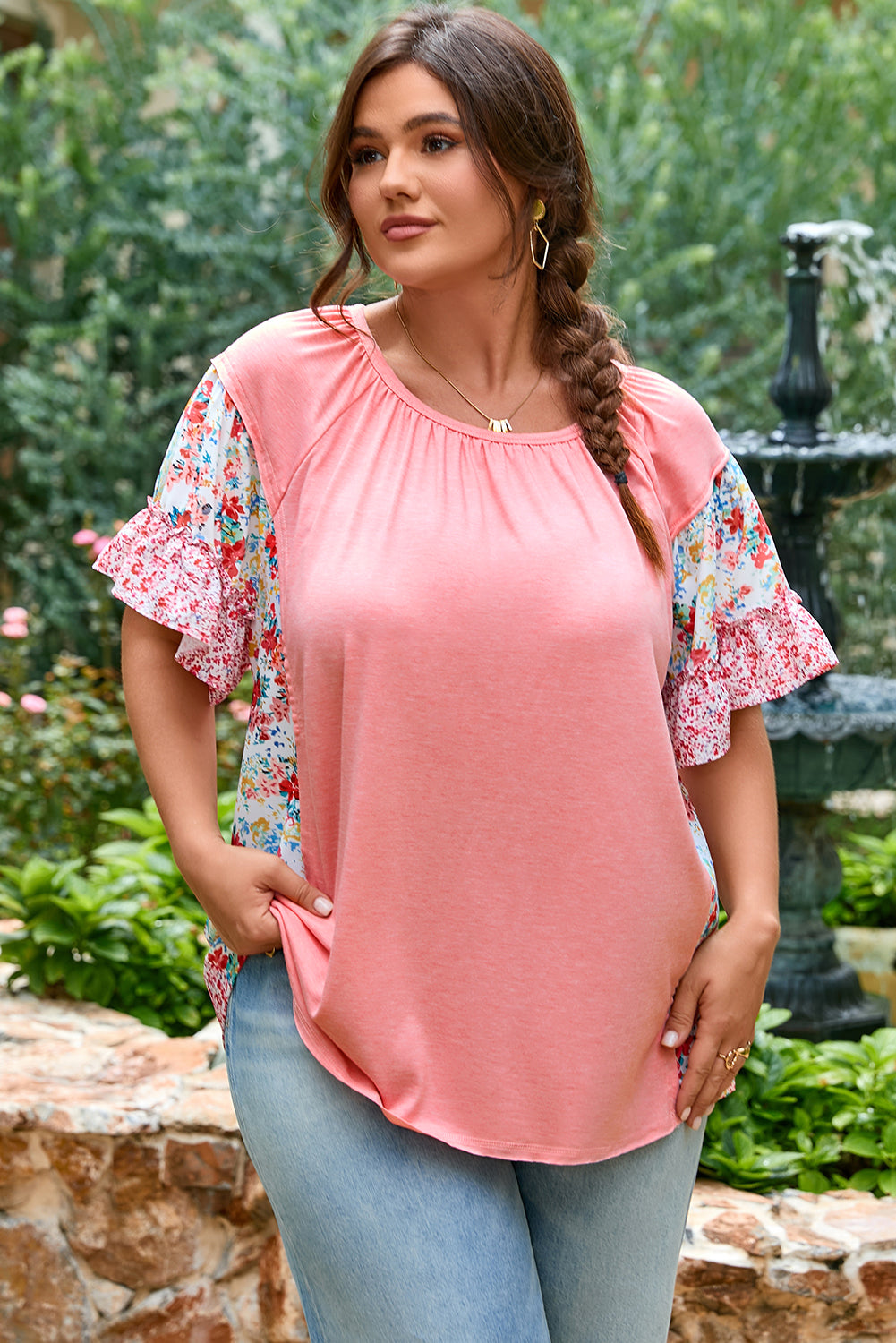 Moonlit Meadow Pink Floral Patchwork Ruffled Short Sleeve Blouse