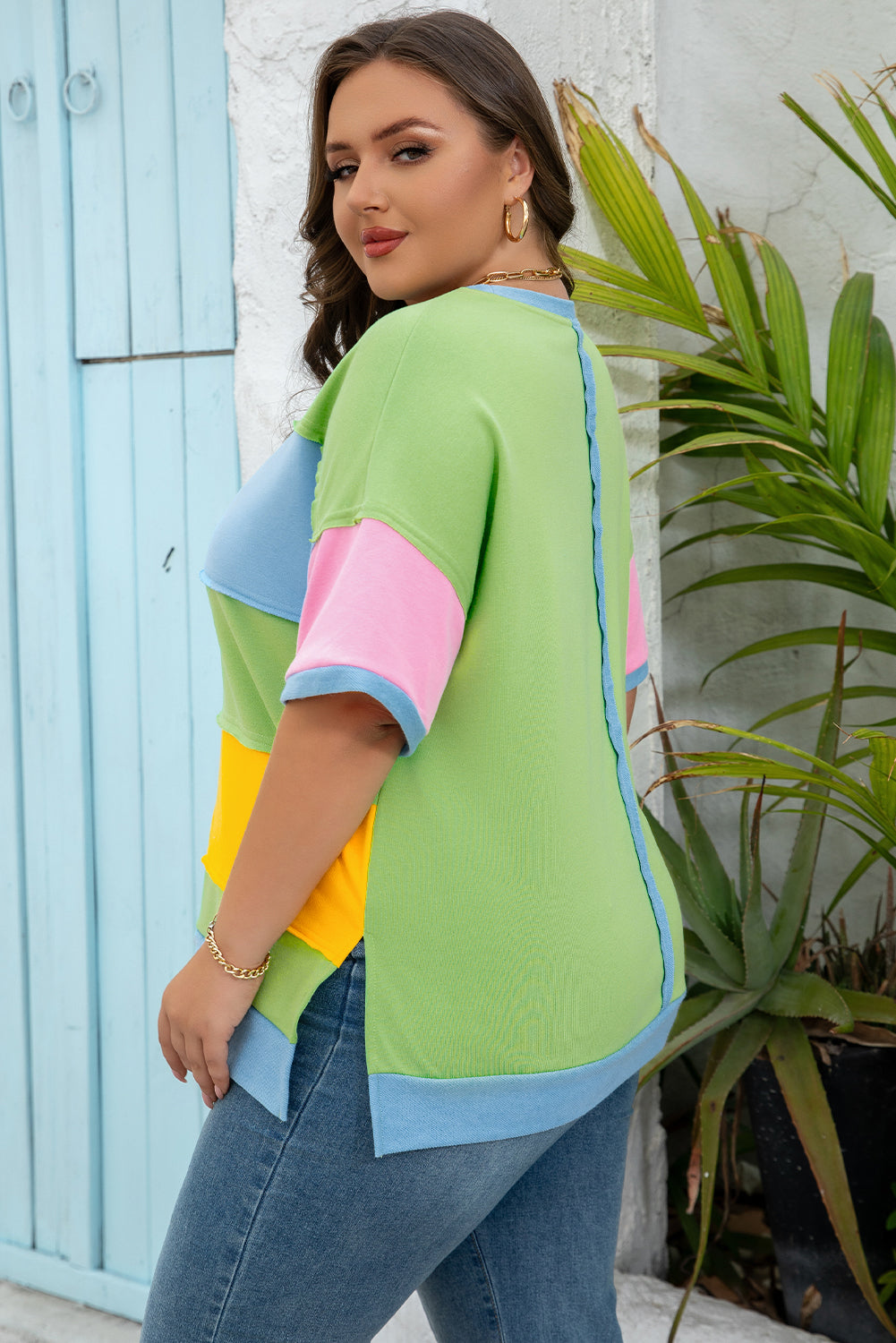 Light Blue Color Block Exposed Seam Plus Size T Shirt