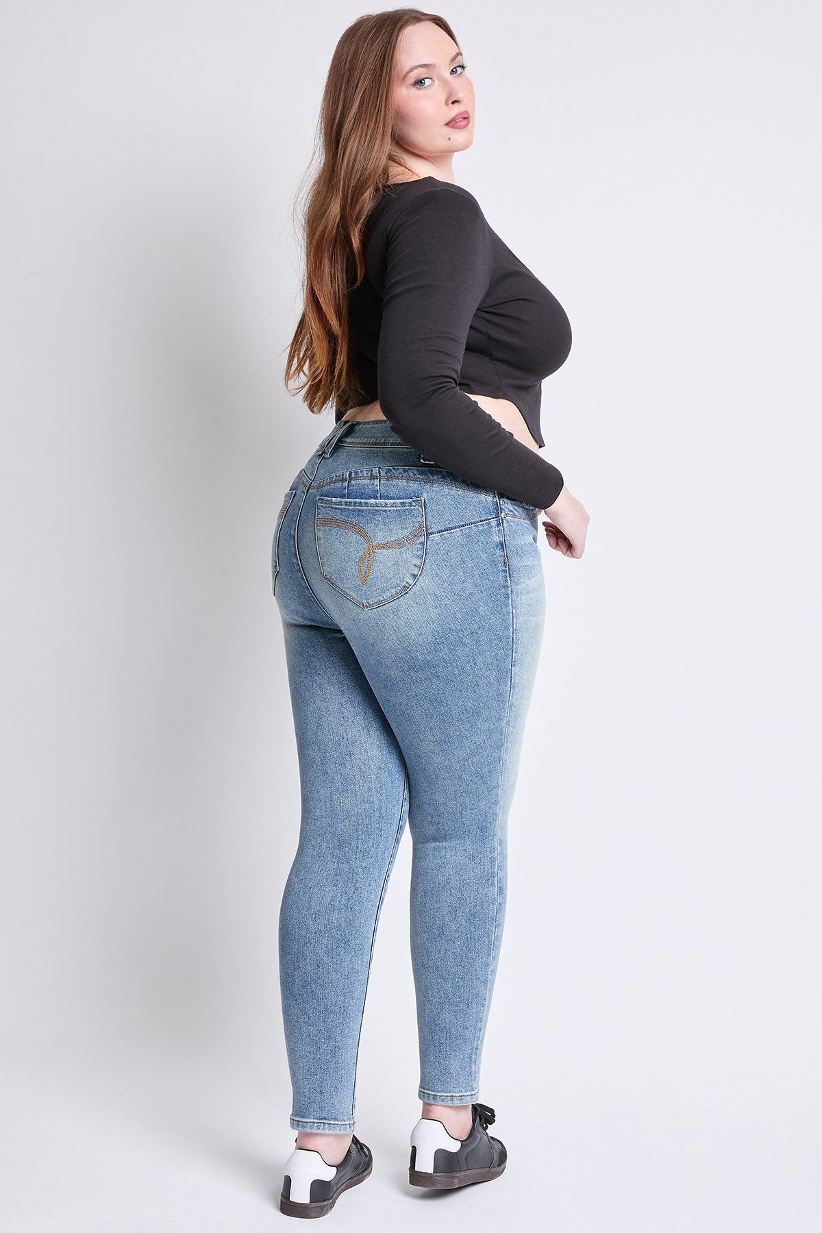 YMI Jeans WannaBettaButt Mid Rise Plus Size Embroidered Skinny Jean