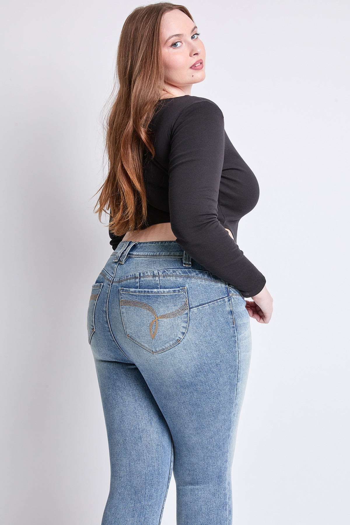 YMI Jeans WannaBettaButt Mid Rise Plus Size Embroidered Skinny Jean