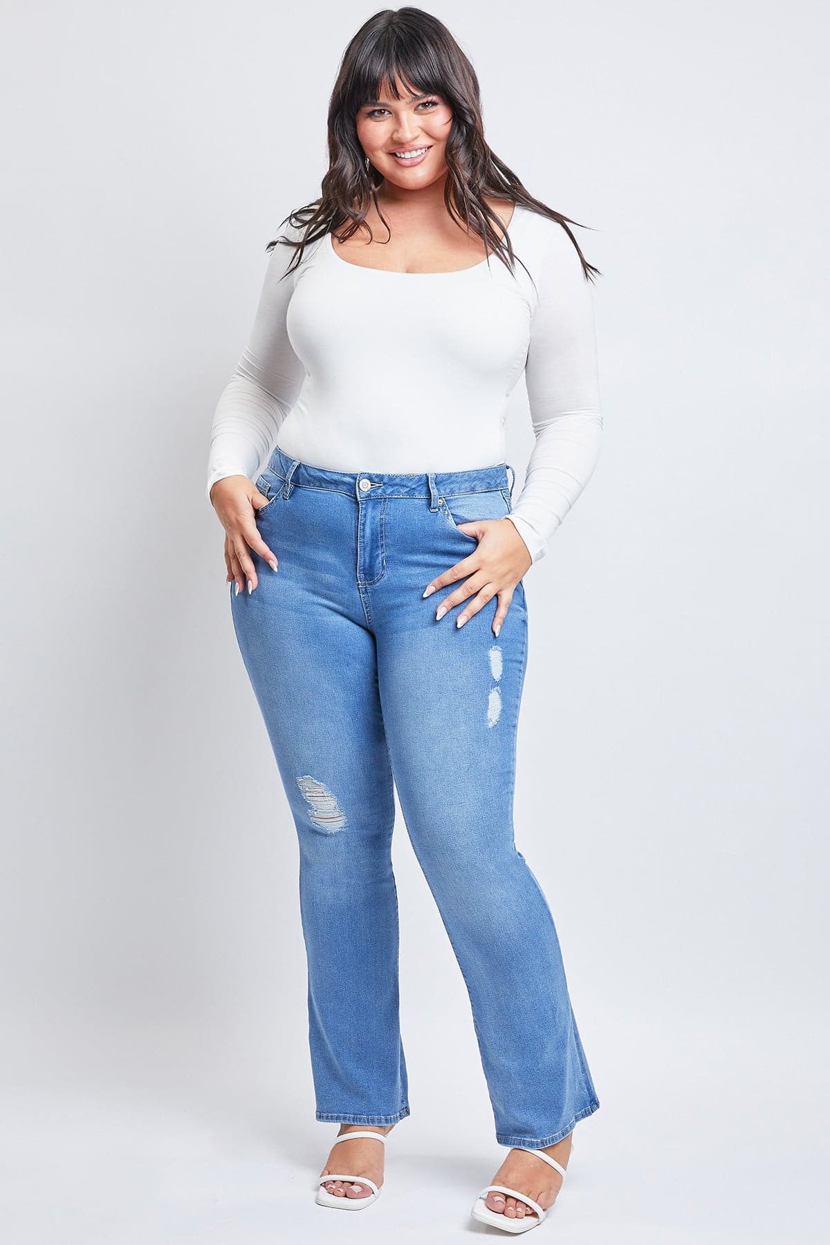 YMI Women's Plus Size Basic Destructed Flare Jeans