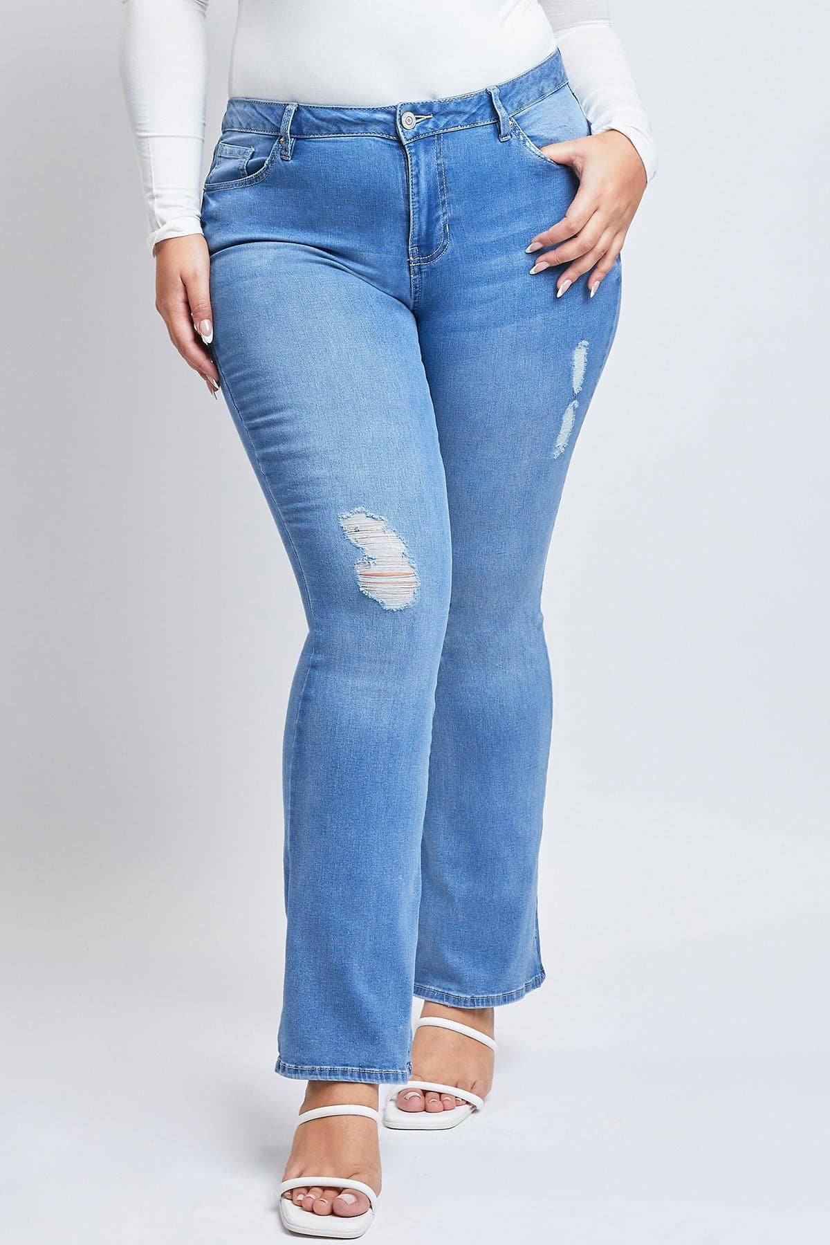 YMI Women's Plus Size Basic Destructed Flare Jeans