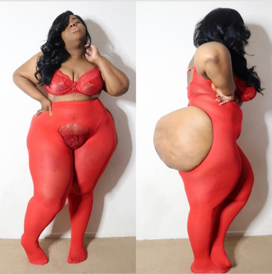 THASSCRUSH Peek-a-Boo Fire Red Plus Size Tights