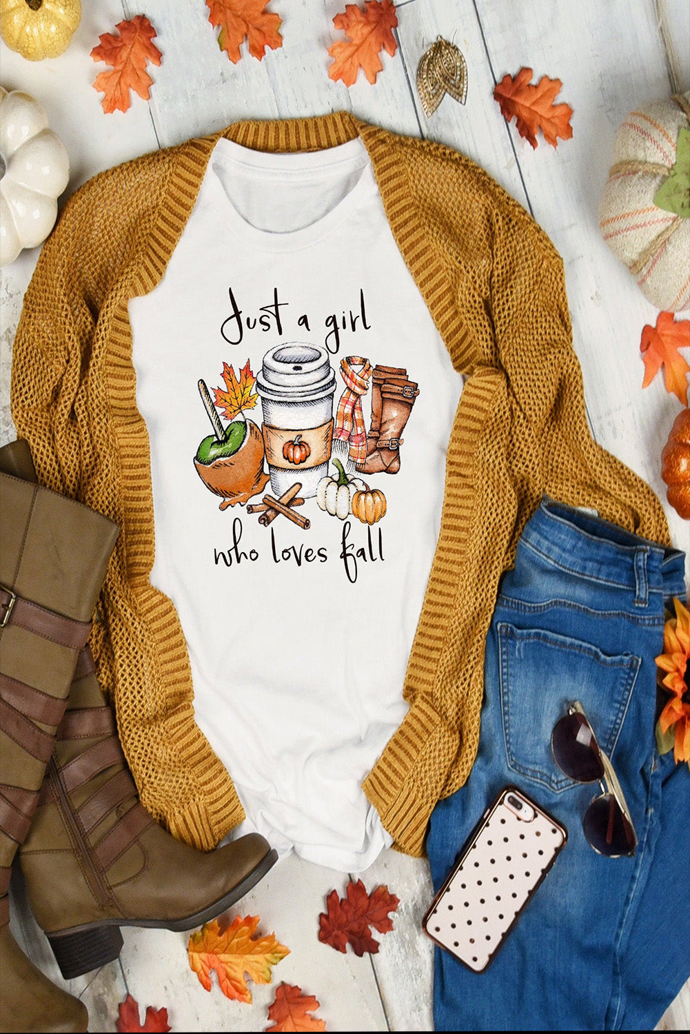 JUST A GIRL..Fall Vibe Graphic White Crew Neck T Shirt