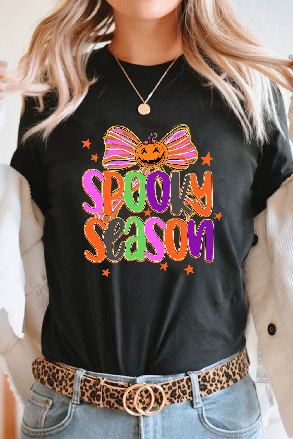 "SPOOKY SEASON" Halloween Pumpkin Bow Print T Shirt