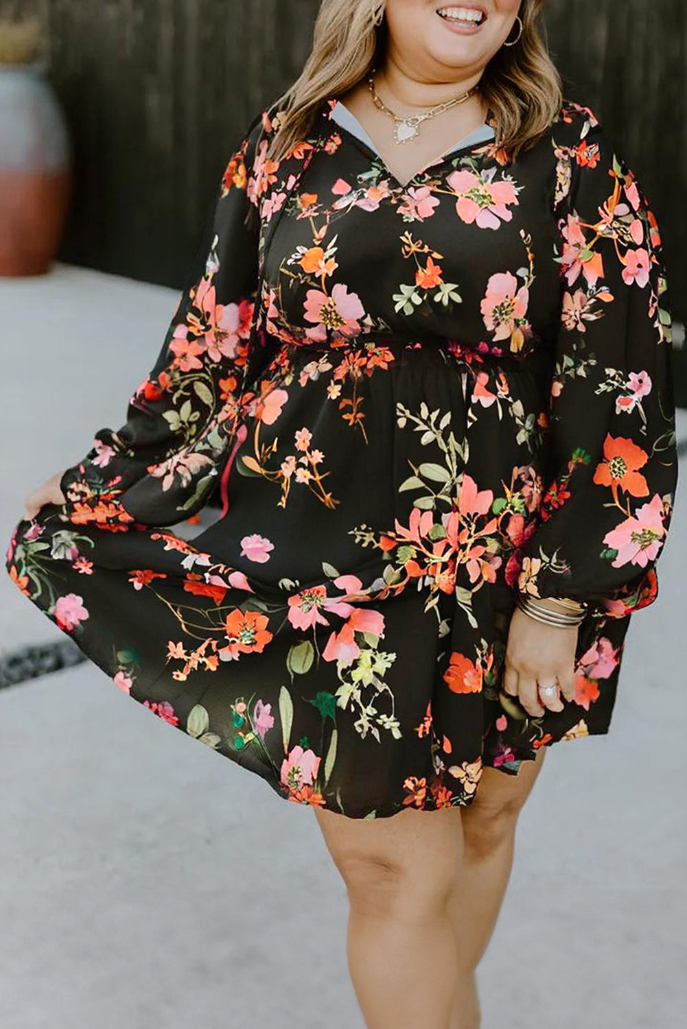 Boho Nova Black Plus Size Floral Print Tie Neck Mini Dress