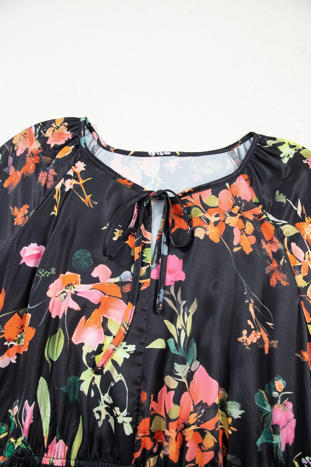 Boho Nova Black Plus Size Floral Print Tie Neck Mini Dress
