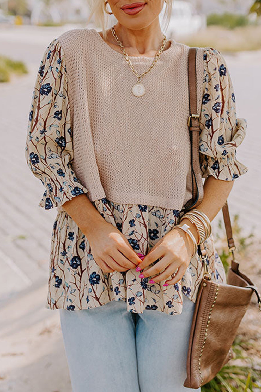 Starry Bloom Beige Faux Two Piece Knit Top