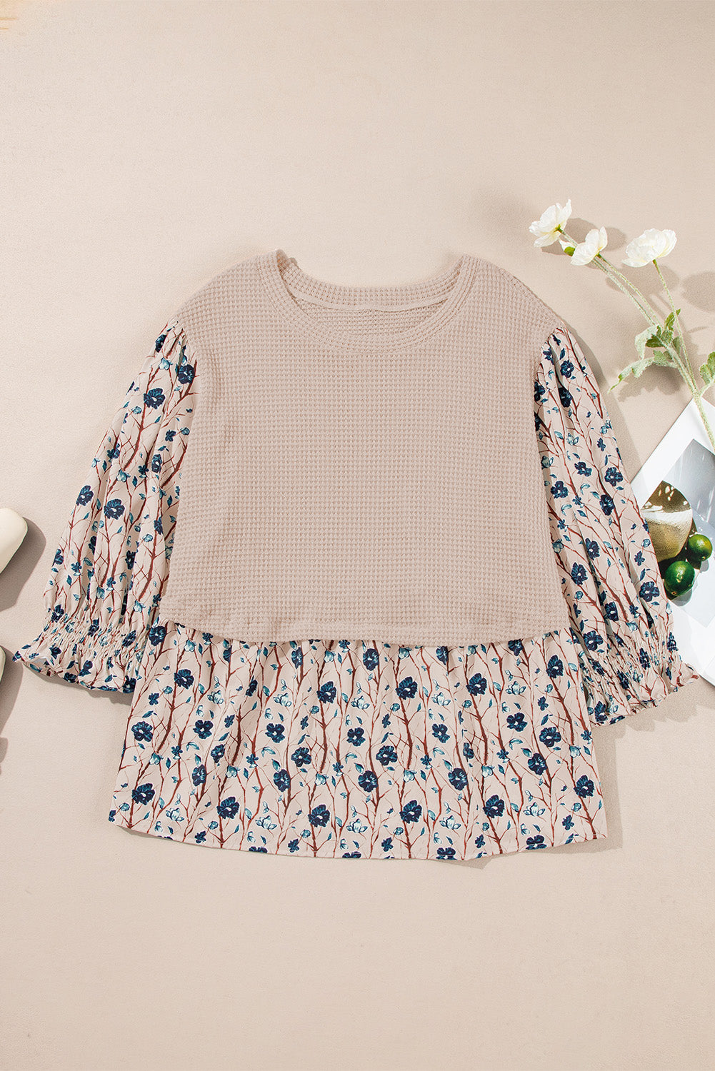 Starry Bloom Beige Faux Two Piece Knit Top
