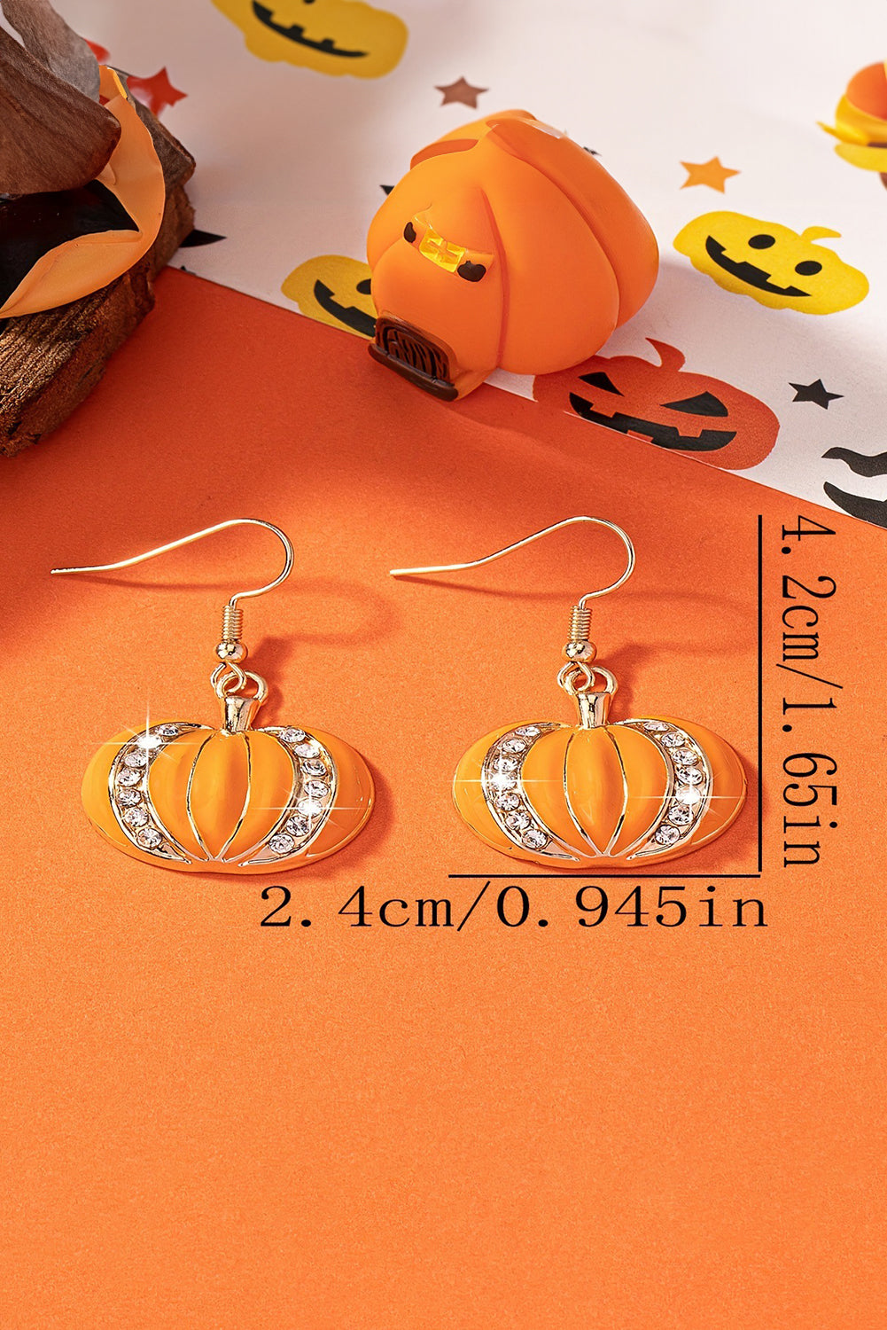 Starlight Pumpkin Orange Halloween Rhinestone Hook Earrings