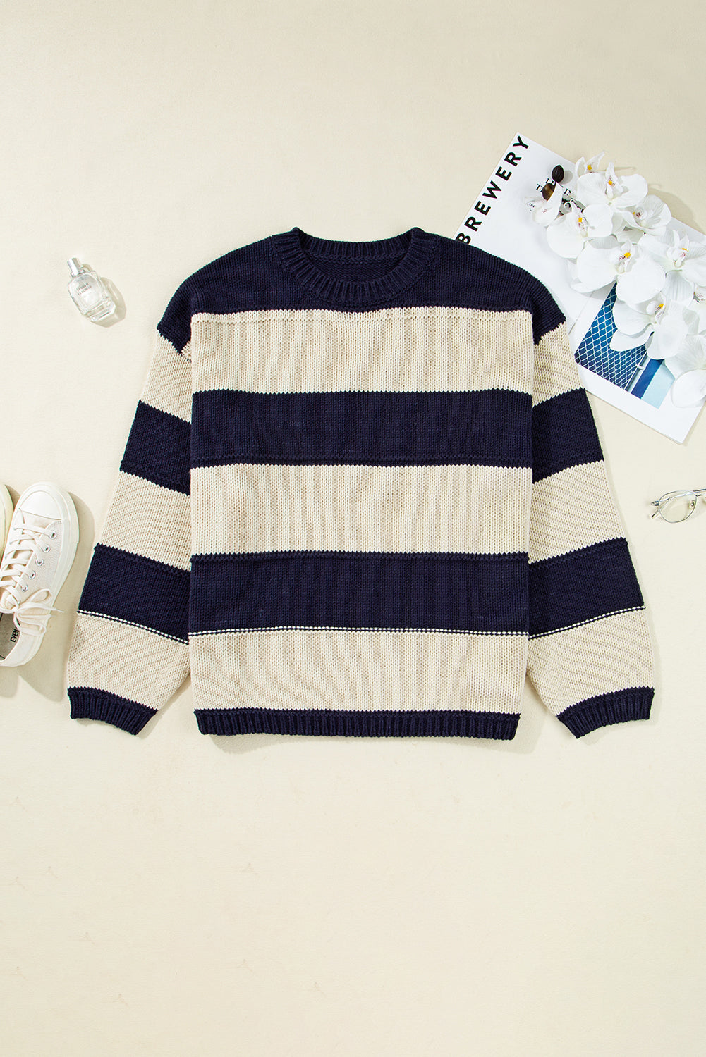Starstruck Stripes Navy Plus Size Drop Shoulder Sweater