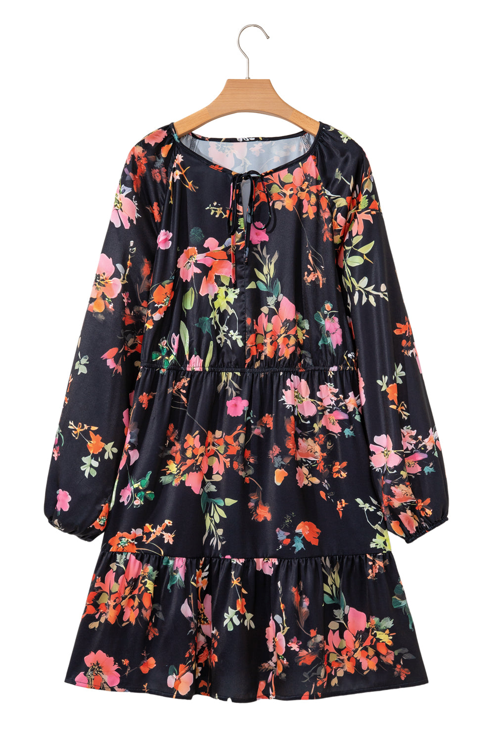 Boho Nova Black Plus Size Floral Print Tie Neck Mini Dress
