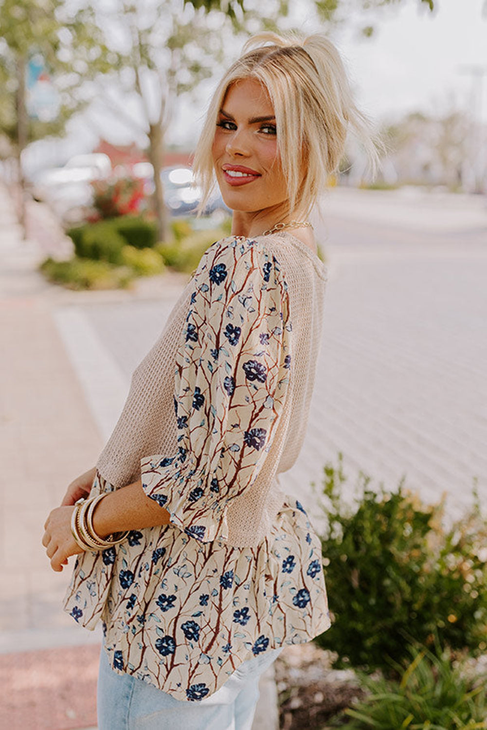 Starry Bloom Beige Faux Two Piece Knit Top