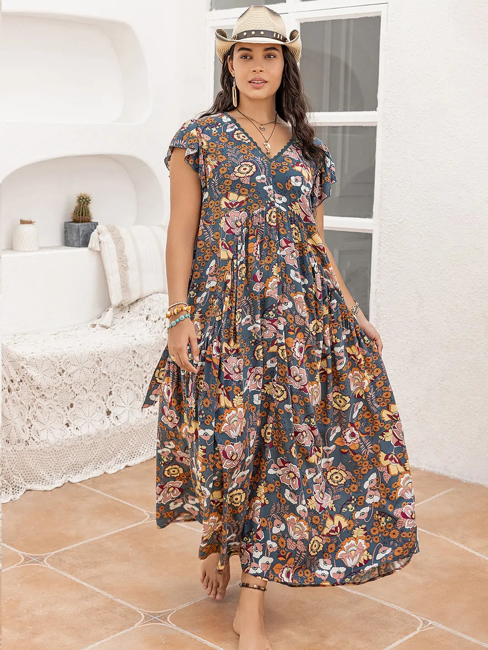 Gray Paisley dress on model with cowboy hat