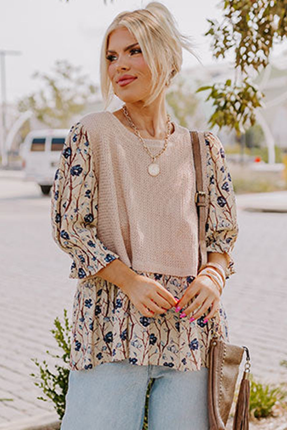 Starry Bloom Beige Faux Two Piece Knit Top