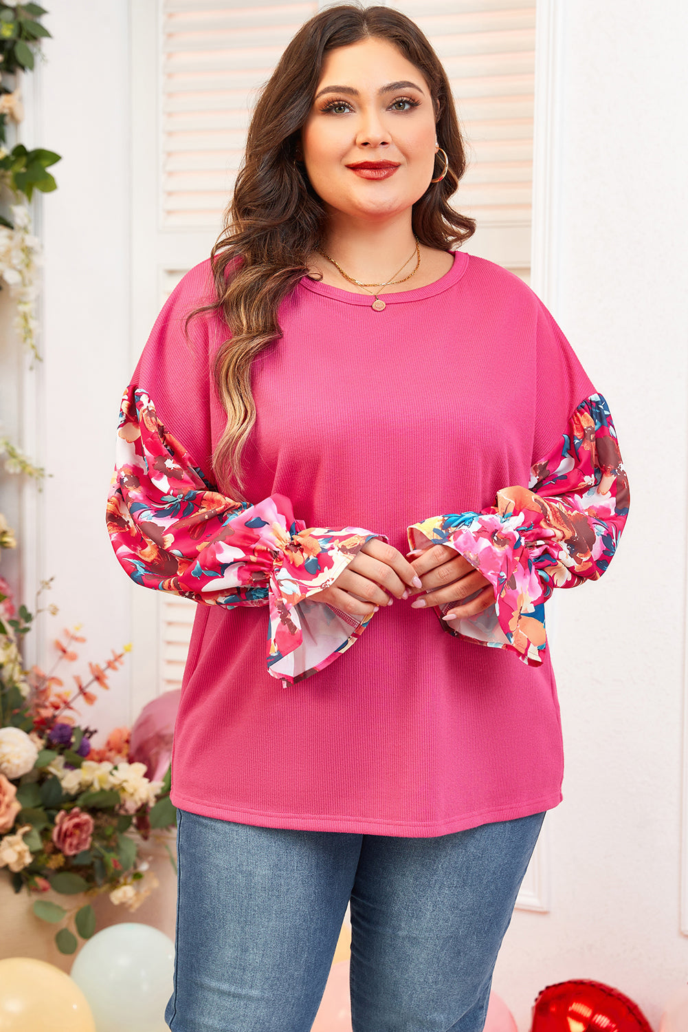 Floral Stardust Flounce Sleeve Pink Top