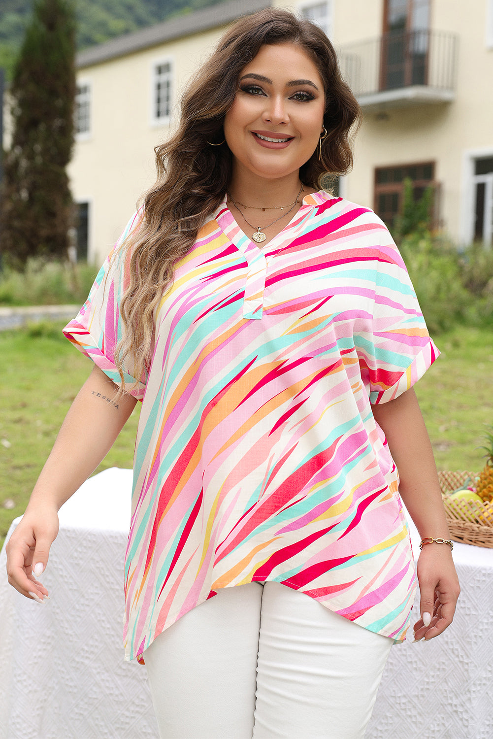 Galaxy Glow  Notched Neck Plus Size Top