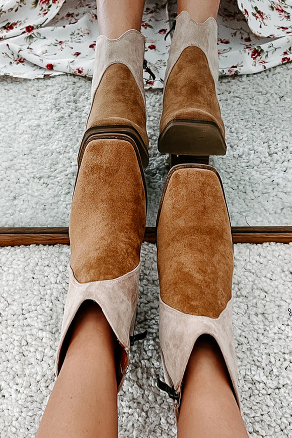 Nova Nights Two Tone Faux Suede Chunky Heel Boots