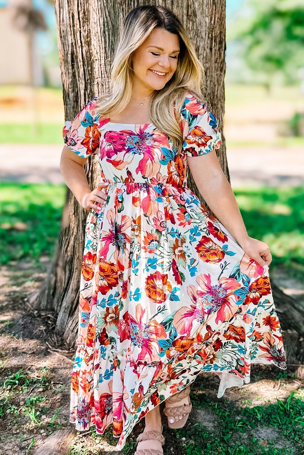 Bright Floral Square Neck Puff Sleeve Plus Size Midi Dress