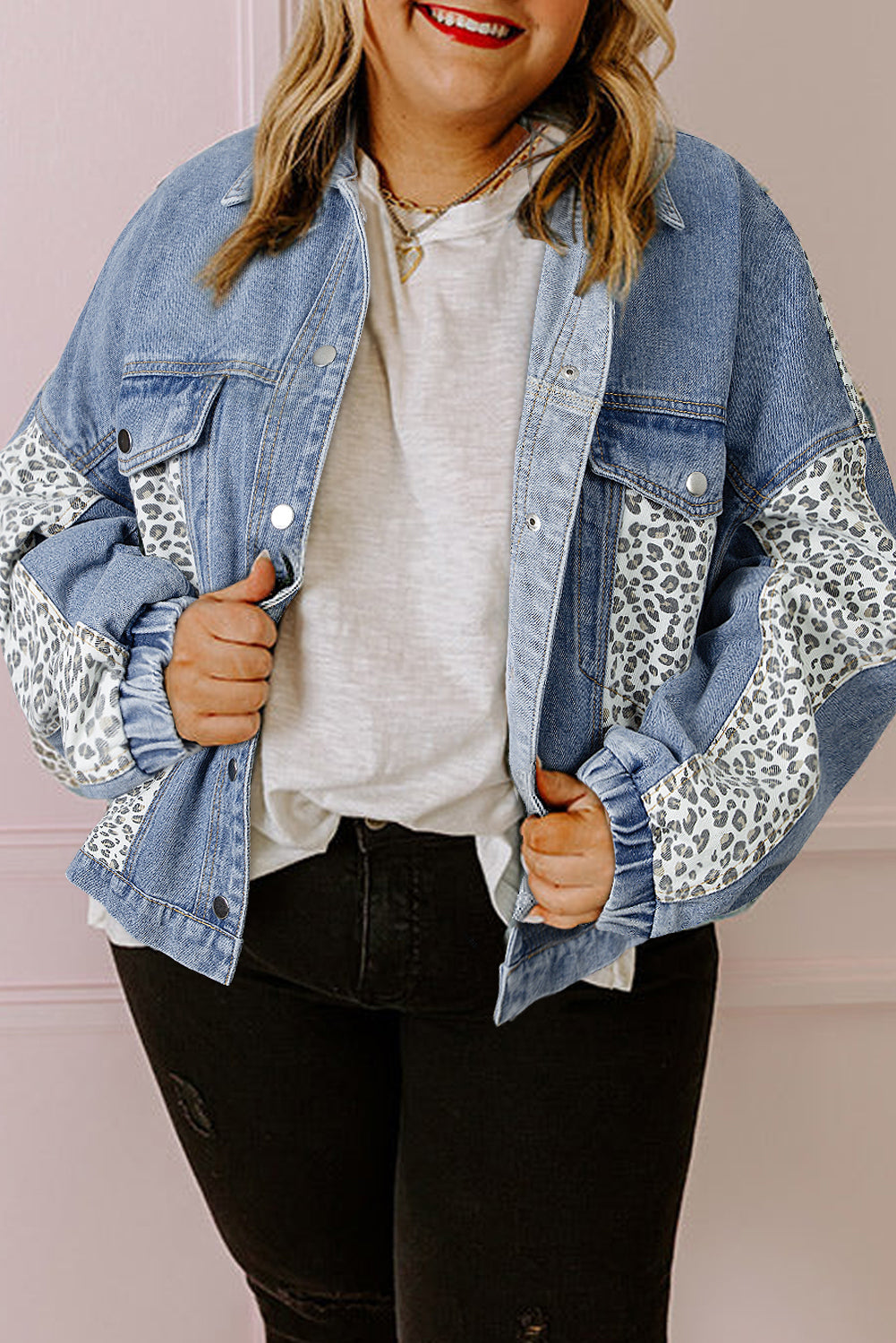Galactic Wild Leopard Patchwork Plus Size Denim Jacket
