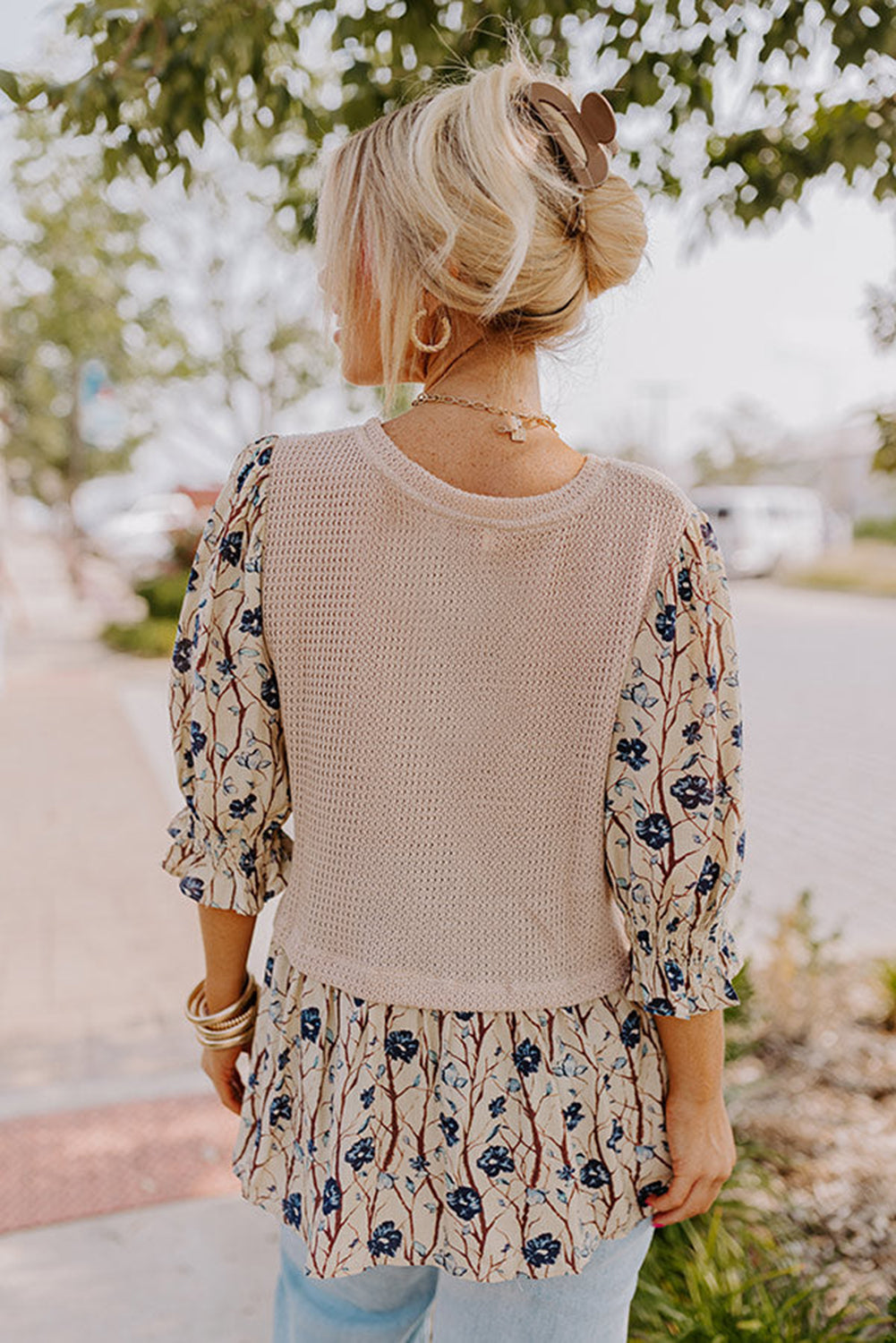 Starry Bloom Beige Faux Two Piece Knit Top