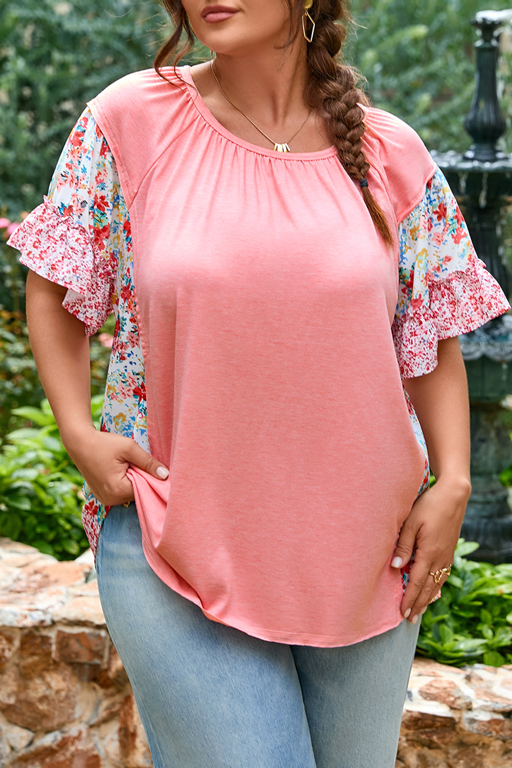 Moonlit Meadow Pink Floral Patchwork Ruffled Short Sleeve Blouse