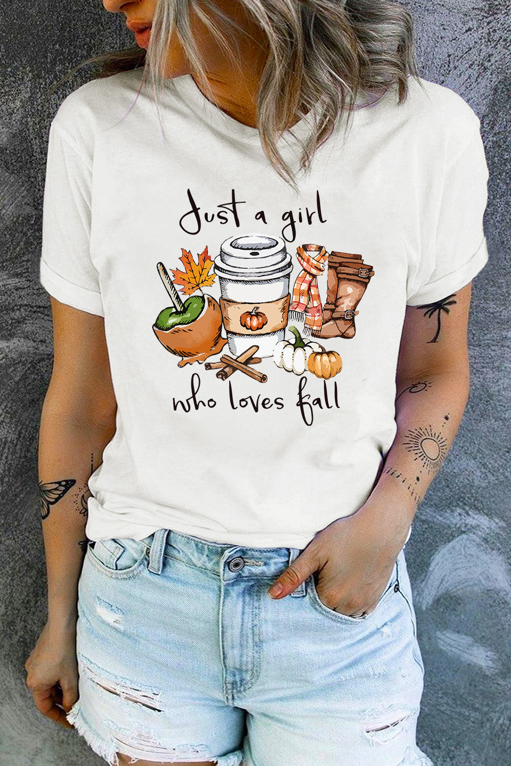 JUST A GIRL..Fall Vibe Graphic White Crew Neck T Shirt
